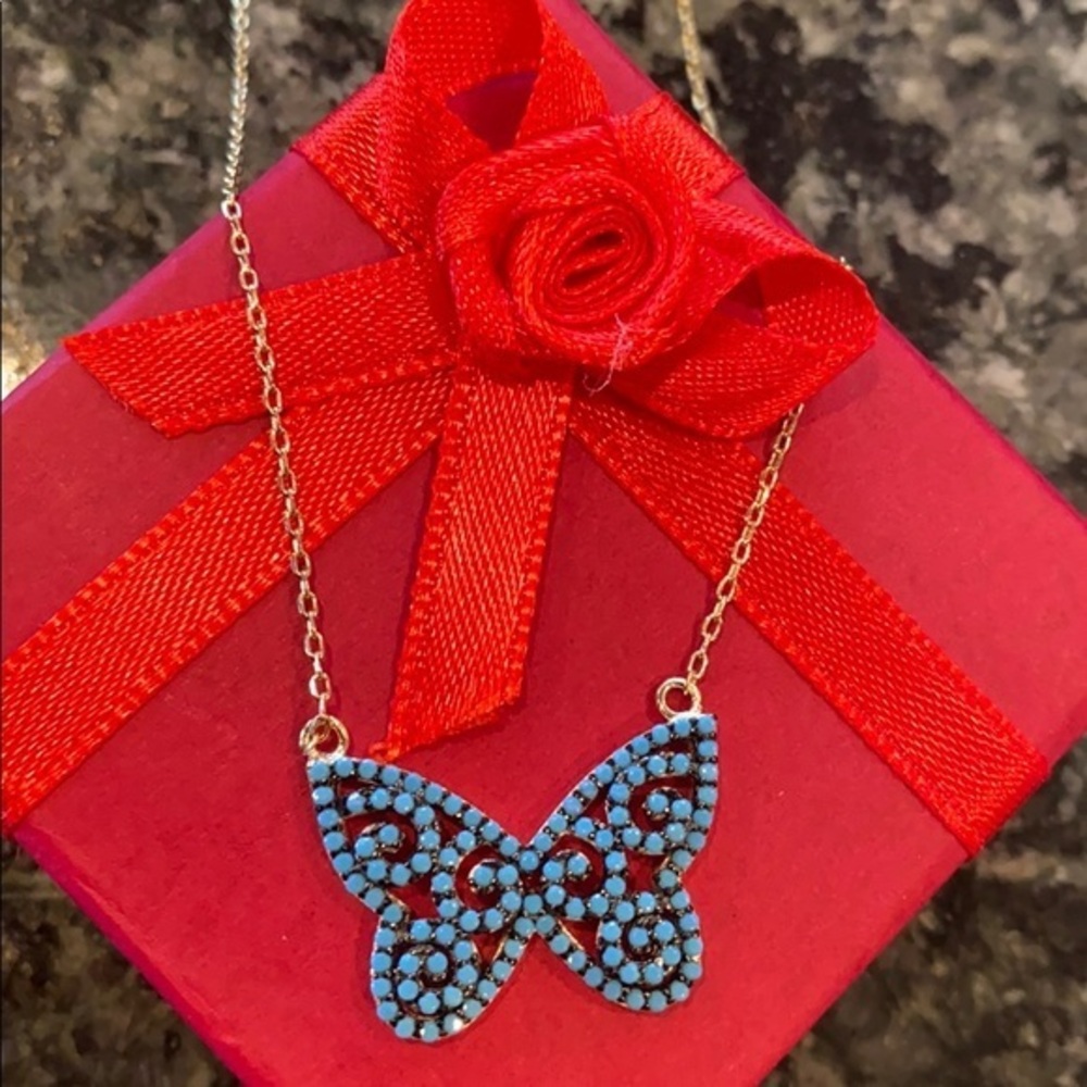 🦋 Gold plated Butterfly Blue CZ Necklace